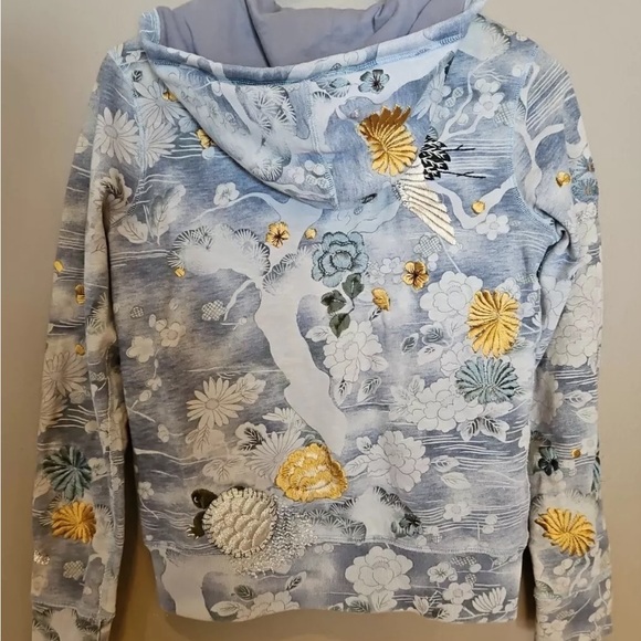 RARE*LUCKY BRAND Y2K Sweatshirt Hoodie RAISED ASIAN EMBROIDERY CRANES*FLORAL*SM - Picture 2 of 3